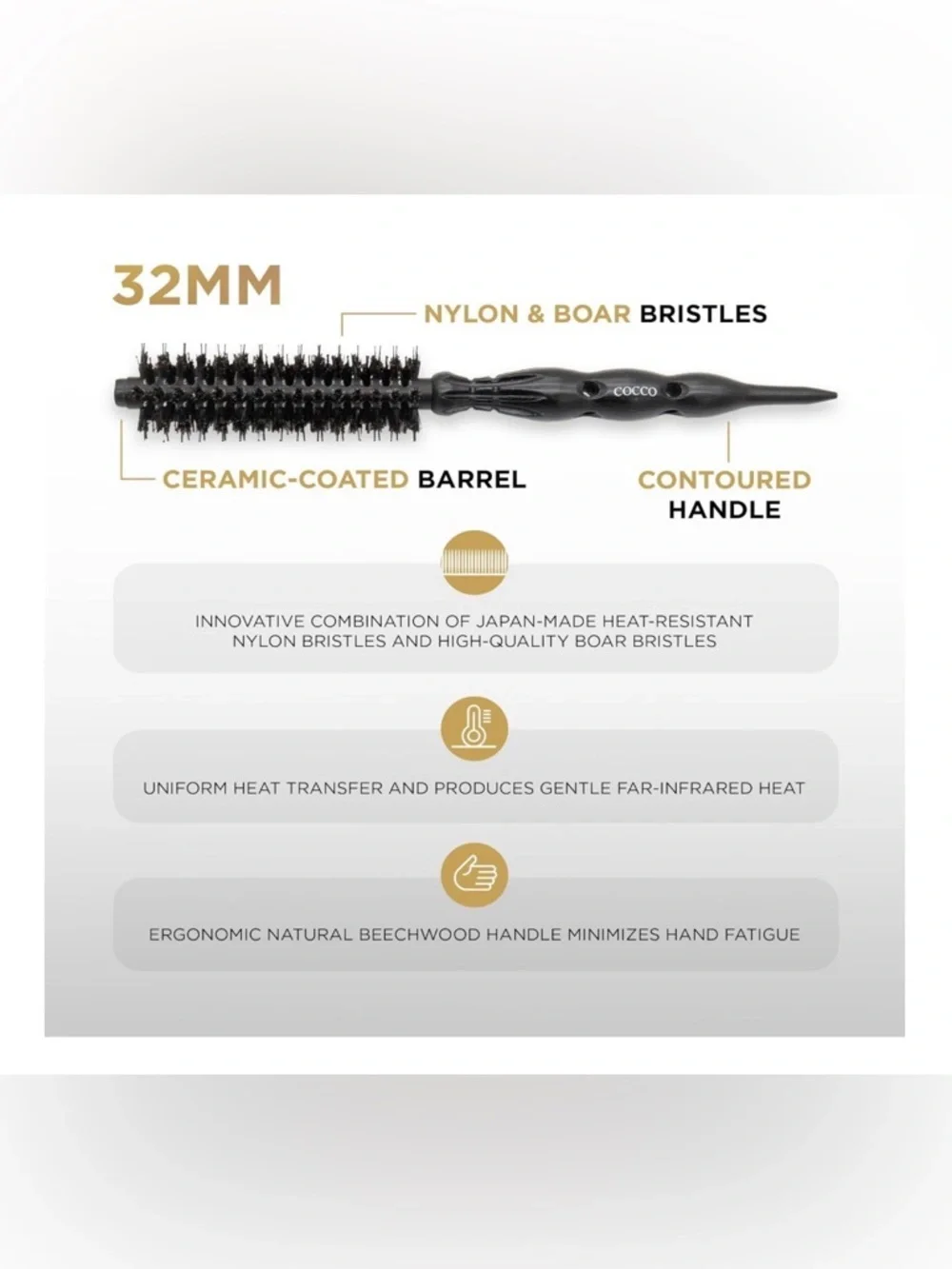 COCCO Round Brush Black Series Ceramic Boar Brush - Black Size 1 32mm #UC8-1